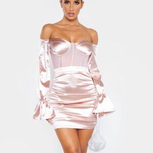 Dusty Pink Bardot Satin Mesh Ruched Bodycon Dress — PrettyLittleThing Size 0